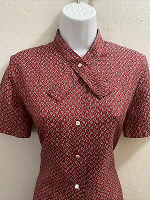 70s Vintage Tie Neck Secretary Blouse Koret Of California Red With Blue White • $12