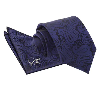 Mens Tie Hanky Cufflinks Set Floral Paisley Navy Blue Classic Skinny By DQT • £7.99