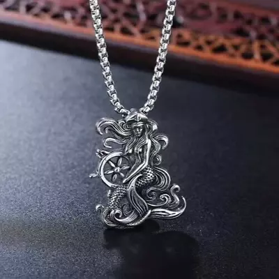 Men Women Silver Mermaid Pendant Necklace Jewelry Box Chain 24  • $11.89