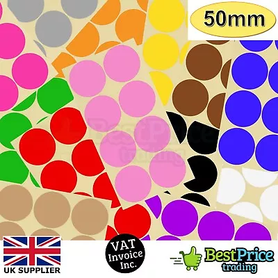 16 X 50mm Coloured DOT STICKERS Round Sticky Adhesive Spot Circles Paper Labels • £0.99