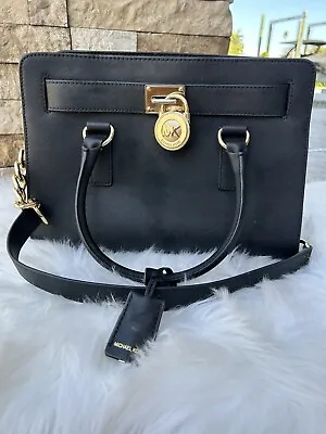 Michael Kors Hamilton Black Large Satchel Handbag With Lock And Key Chain Strap • $55