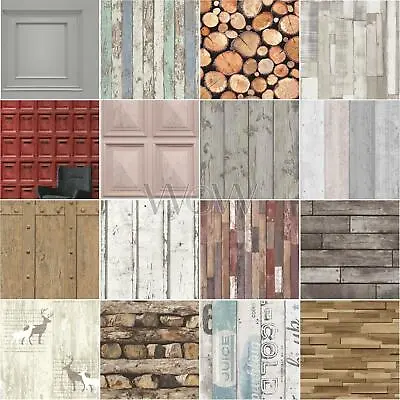Wood Effect Wallpaper - Panels Slats White Washed Distressed Logs Planks Rustic • £11.99