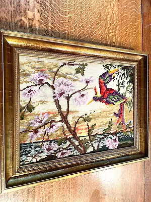 Vtg.  Hand Embroidered  Stitched Colorful Bird Framed Picture 20  X 15.5  • $40