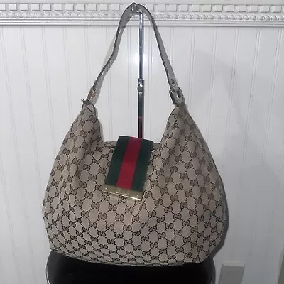 Gucci Brown Beige GG Canvas Cream Leather Large Ladies Web Hobo Authentic • $350
