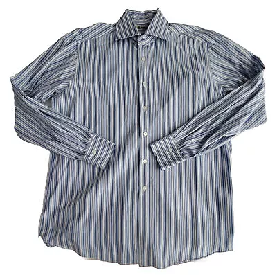 Domenico Vacca Mens Shirt 16.5 42 Blue White Long Sleeve Button Striped Italy • $49.88