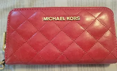 Michael Kors Jet Set Travel  Saffiano Leather Quarter-Zip Wallet Red Quilted  • $42