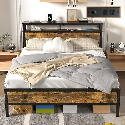 Full Bed Frame With Charging Station Headboard Platform Bed With 2-Tier Storage • $156.90