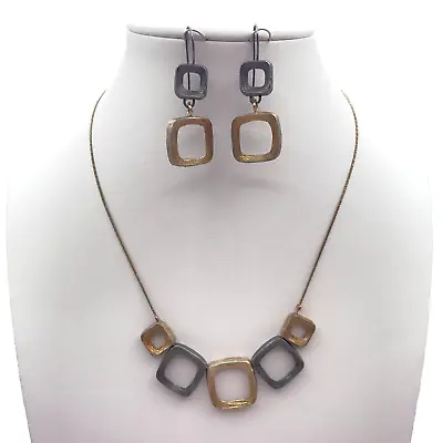 Magnolia Pendant Necklace And Earrings Set Sterling Silver 925 Two Tone Squares • $44.25