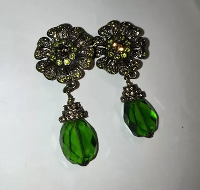 Heidi Daus Green Art Deco Elegant Drop Crystal Earrings Vintage  • $25.99