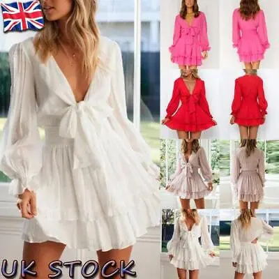 £15.39 • Buy Womens Ruffle V Neck Mini Dress Ladies Holiday Party Long Sleeve Smock Dresses