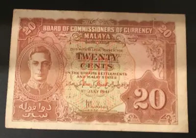 Banknote Of Malaya Twenty Cents Dated 1941. King George V1. Excellent Condition • £2.20