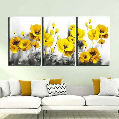 Bright Yellow Pretty Flowers Nature 3 Piece Canvas Wall Art Painting Wallpaper P • $79