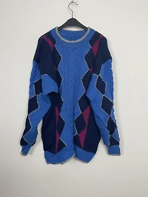 Vintage 90s Knit Jumper Chunky Abstract Pattern Winter Warm Mens Cosby Pullover • £17.99