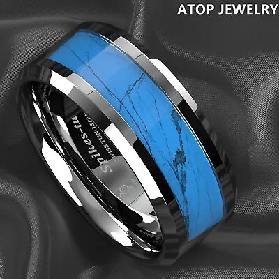 8mm Silver Edge Tungsten Carbide Ring Manmade Turquoise Engagement Wedding Band • $15.99