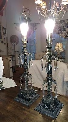 VTG Hollywood Regency Boudoir Lamp Set/Pair Crystal Prisms Marble Bronze Finish • $119.99