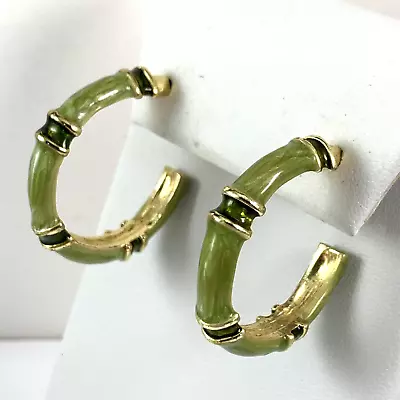 Vintage 90s Green & Black Gold Tone Bamboo Design Hoop Pierced Earrings • $14.99