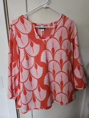 MANUHEALII Coral Orange Long Sleeve Bell Hawaiian Blouse Women - Size Medium • $50.05