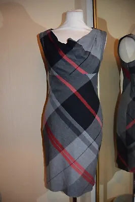 TED BAKER Wiggle Pencil Dress Wool Sleeveless 8 Grey Black Red Tartan Cowl Neck • £17.99