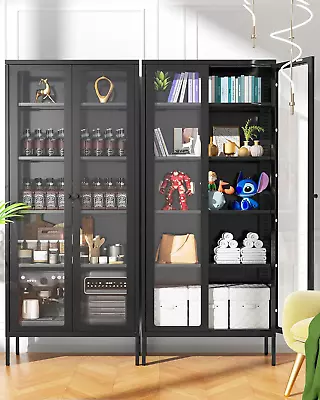 Metal Storage Cabinet Black Display Curio Glass Storage Cabinet With Glass Door • $248.99