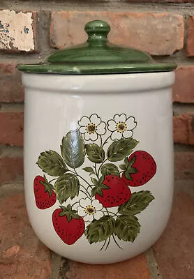 10.5” McCoy USA Pottery Strawberry Country Canister Cookie Jar W Green Lid T 133 • $23.96