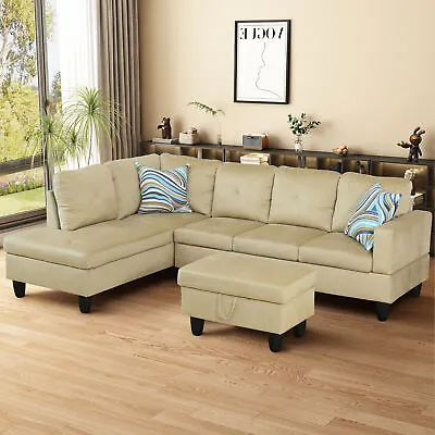 Flannel L-Shaped Sofa Set Modern Living Room Sectional Couch W/Storage Ottoman • $664.30