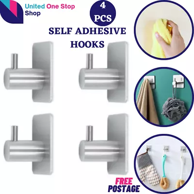 £5.69 • Buy 4PCS Self Adhesive Hooks Stainless Steel Strong Sticky Stick On Wall Coat Holder