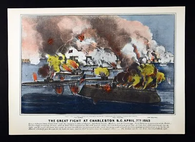 Currier & Ives Civil War Print Battle Charleston Harbor Ironclads April 7 1863 • $16