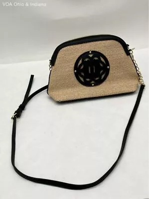 Nanette Lepore Thea Straw Dome Black Faux Leather Trim Small Crossbody Purse • $9.99