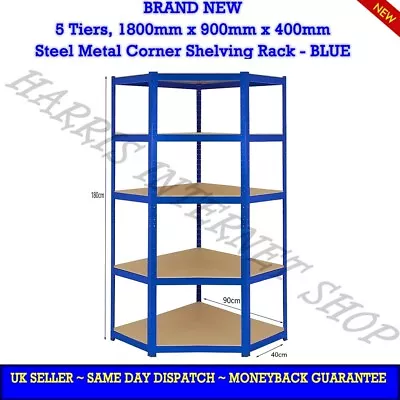 5 TIERS CORNER 1.8M METAL SHELVING BOLTLESS STORAGE RACKING BLUE (180x90x40)cm • £69.95