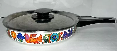 VTG Villeroy Boch Acapulco Bird Flower 10  Enamelware Saute Frying Pan Lid Cover • $99.95