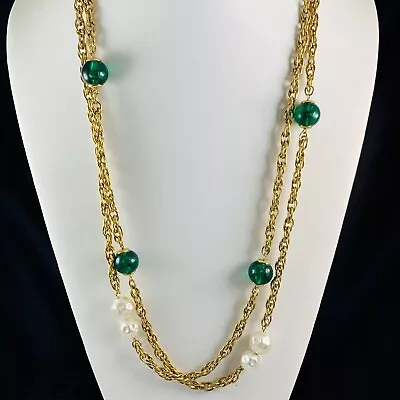 Vintage VENDOME Signed Faux Pearl & Green Beaded Gold Tone 54  Long Necklace • $29.99