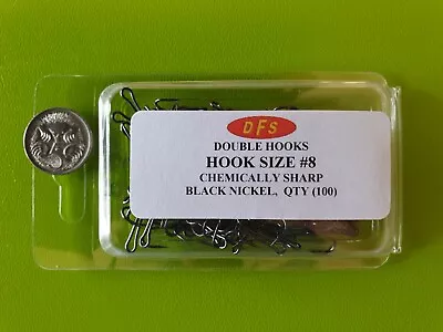 100x DFS Size 8 DOUBLE Fishing Hooks Black Nickel Chemical Sharp. • $16.70