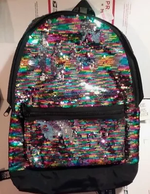 Victoria's Secret RAINBOW Sequin Backpack NeW Pink Campus Bling Book Bag NWT • $124.99