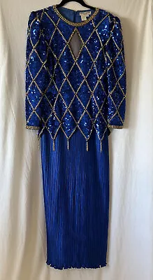 Vtg George F. Couture Women's Sz 8 Royal Blue Sequined Pleated Evening Gown • $90