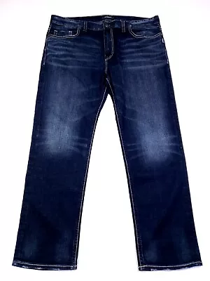 Silver Jeans Men 44x34 Blue Stone Washed Denim Eddie Straight Leg Stretch Casual • $29.87