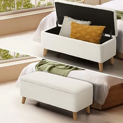 Oikiture Storage Ottoman Blanket Box Chest Toy Foot Stool LARGE Sherpa White • $135.90