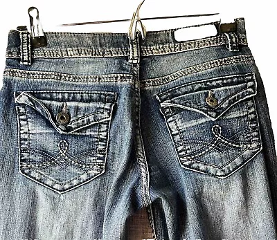 Mudd Jeans Womens 14R Blue Denim Medium Wash Love Peace Flowers Low Rise 26x27 • $14.88