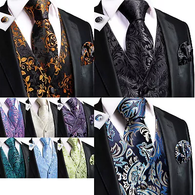 Hi-Tie Mens Paisley Vest Silk Tie Bowtie Hanky Sleeveless Waistcoats Set • $23.99
