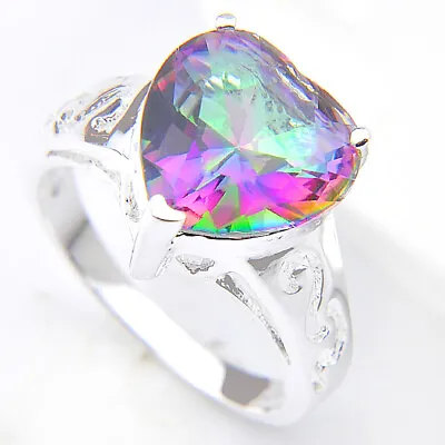 Super Huge Gemstone Colorful Rainbow Mystic Fire Topaz Silver Ring US Size 7 8 9 • $7.97