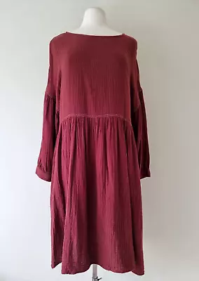 GORMAN Maroon Cotton Long Sleeve Smock Dress SIZE 14 Pockets Contrast Stitching • $49.50