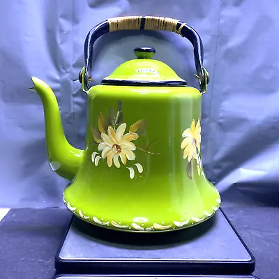 Vintage  Enamelware Green Teapot W/flowers Japan • $22.95