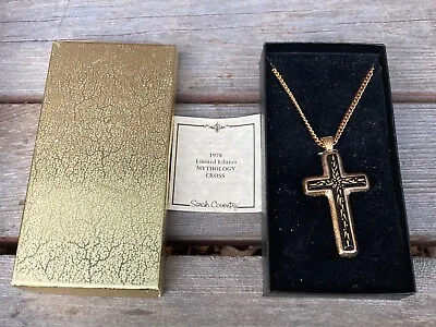 VTG Sarah Coventry MYTHOLOGY CROSS Pendant Gold Tone Black 1978 W Box • $19.95