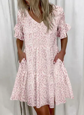 $24.25 • Buy Plus Size Womens Summer Ruffle Dress Ladies Short Sleeve Frill Mini Sun Dresses