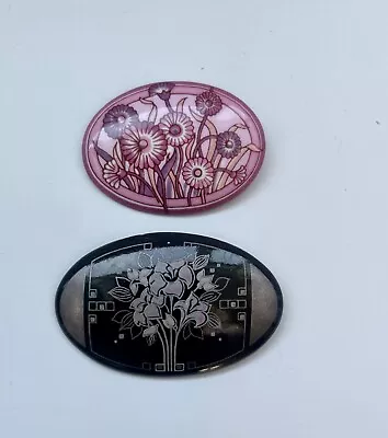 2 Vintage Michaela Frey Austria Oval Enamel Brooches Pins Pink Black Floral • $28.62