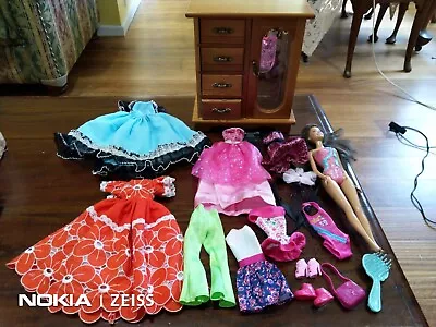 15-pc Barbie DOLL +  CLOTHES Gowns + Shoes + WOODEN WARDROBE Music Box Toys LOT • $34.99