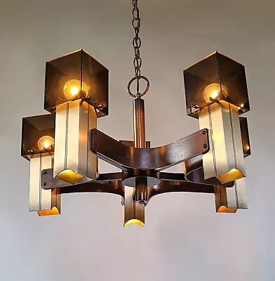 Mid Century Modern Bent Wood Walnut Smoke Lucite Cube 10-Light Chandelier • $550