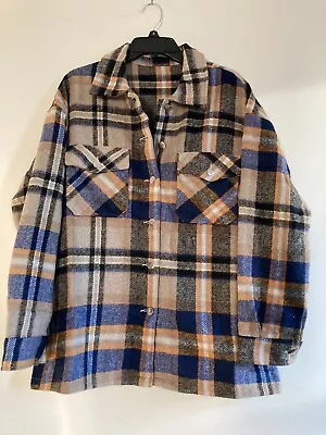 Men Shirt Heavy Weight Yellow Blue Windowpane Long Sleeve Flannel Shirt Sz L • $6.88