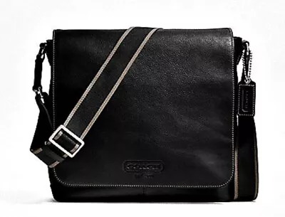 Coach Men's Heritage Web Black Leather Crossbody Messenger Map Bag Satchel 70555 • $279.99