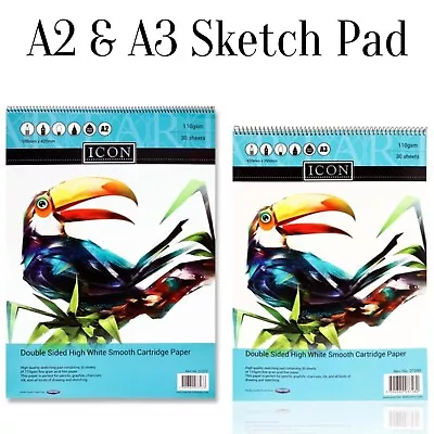 A2 & A3 Sketch Pads 30 Sheets Spiral Bound Artist Drawing Sketching Book 110GSM • £11.15