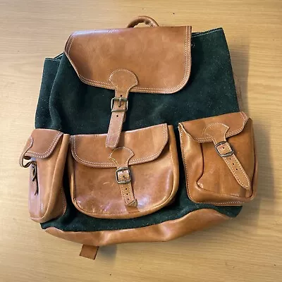 Vintage Green Real Suede & Tan Brown Leather Rucksack Retro Satchel Bag VGC • £24.99